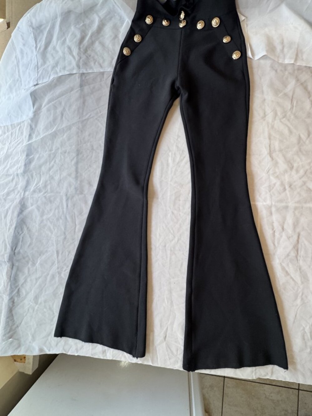 Black High Waisted Bandage Flare Pants Gold Buttons Size M